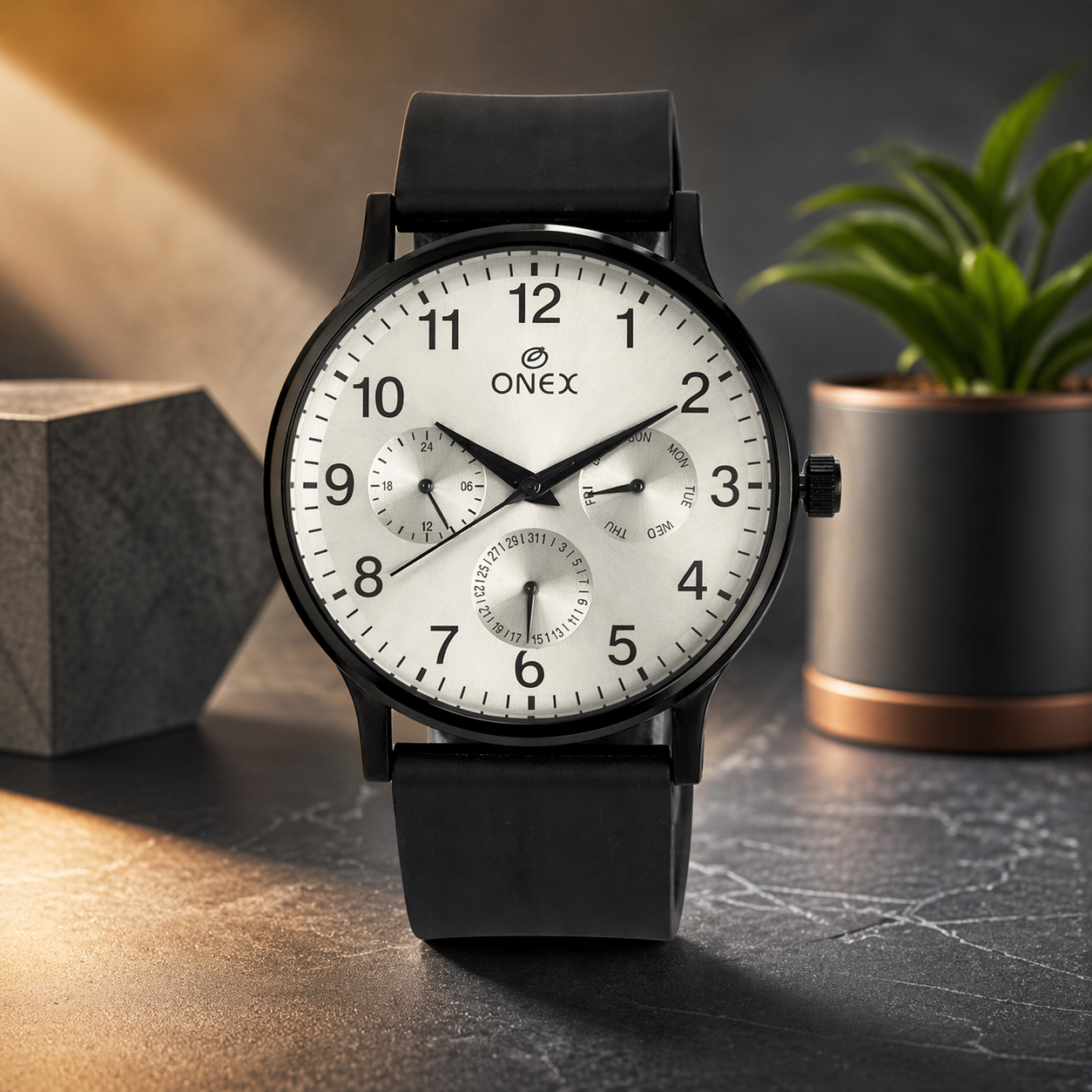 ONEX Men's Multifunction Analog Watch | Silver Dial with Day-Date Display | Black Silicone Strap | Stylish Casual & Formal Wrist Watch for Men