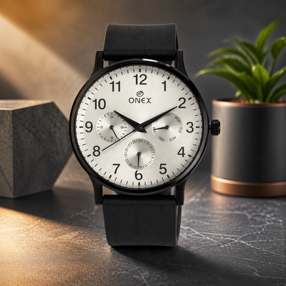ONEX Men's Multifunction Analog Watch | Silver Dial with Day-Date Display | Black Silicone Strap | Stylish Casual & Formal Wrist Watch for Men