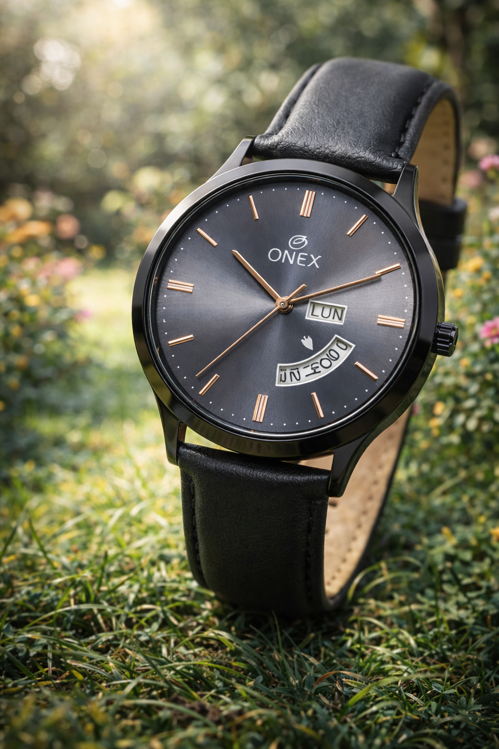 ONEX Men's Analog Watch with Day & Date Display | Grey Sunburst Dial | Black Leather Strap | Quartz Movement | Formal & Casual Wrist Watch for Men