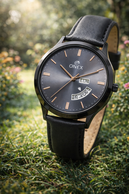 ONEX Men's Analog Watch with Day & Date Display | Grey Sunburst Dial | Black Leather Strap | Quartz Movement | Formal & Casual Wrist Watch for Men