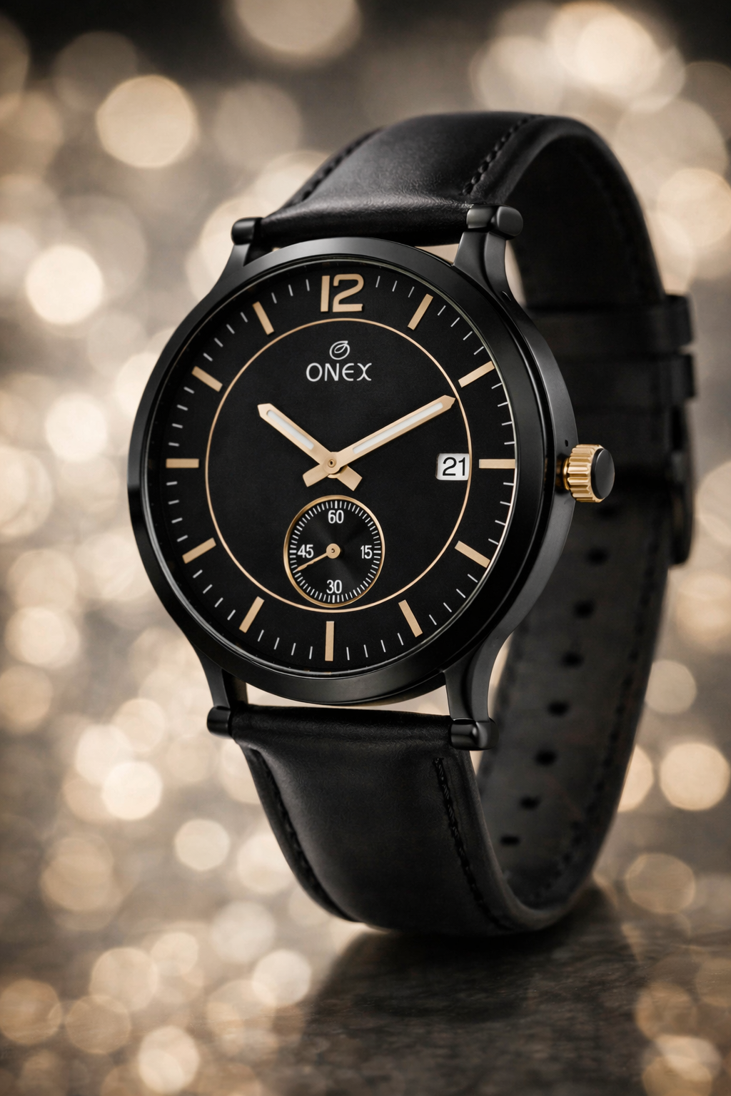 ONEX Men's Analog Watch | Black Dial with Rose Gold Case | Black Leather Strap | Date Display | Premium Quartz Watch for Men
