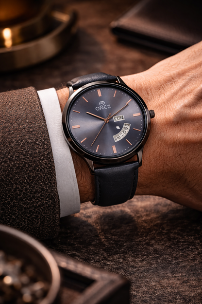 ONEX Men's Analog Watch with Day & Date Display | Grey Sunburst Dial | Black Leather Strap | Quartz Movement | Formal & Casual Wrist Watch for Men