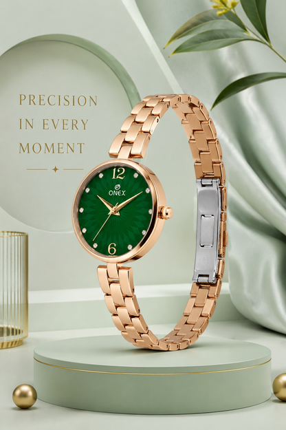 ONEX Women’s RoseGold-Tone Designer Bracelet Watch with Crystal Studded Dial Green