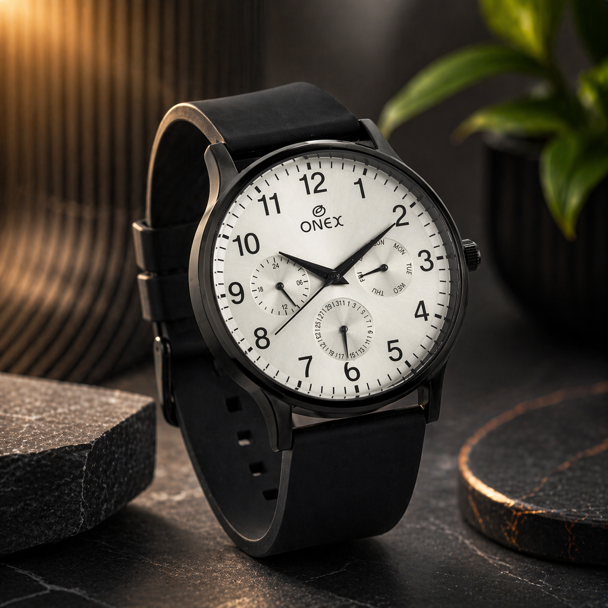 ONEX Men's Multifunction Analog Watch | Silver Dial with Day-Date Display | Black Silicone Strap | Stylish Casual & Formal Wrist Watch for Men