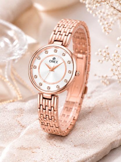 Onex Women’s Silver Analog Watch with Crystal Studded Dial & Stainless Steel Bracelet
