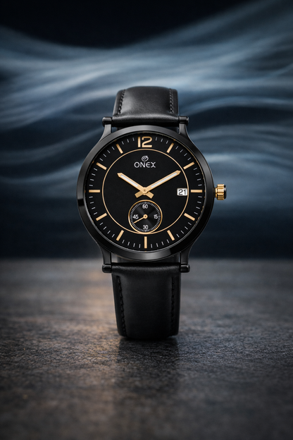 ONEX Men's Analog Watch | Black Dial with Rose Gold Case | Black Leather Strap | Date Display | Premium Quartz Watch for Men