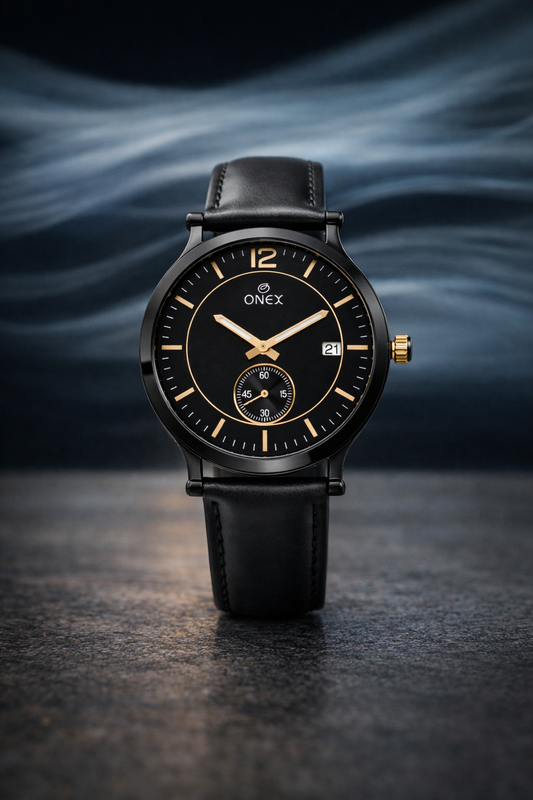 ONEX Men's Analog Watch | Black Dial with Rose Gold Case | Black Leather Strap | Date Display | Premium Quartz Watch for Men