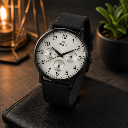 ONEX Men's Multifunction Analog Watch | Silver Dial with Day-Date Display | Black Silicone Strap | Stylish Casual & Formal Wrist Watch for Men