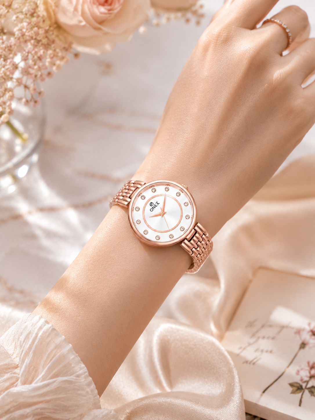 Onex Women’s Silver Analog Watch with Crystal Studded Dial & Stainless Steel Bracelet