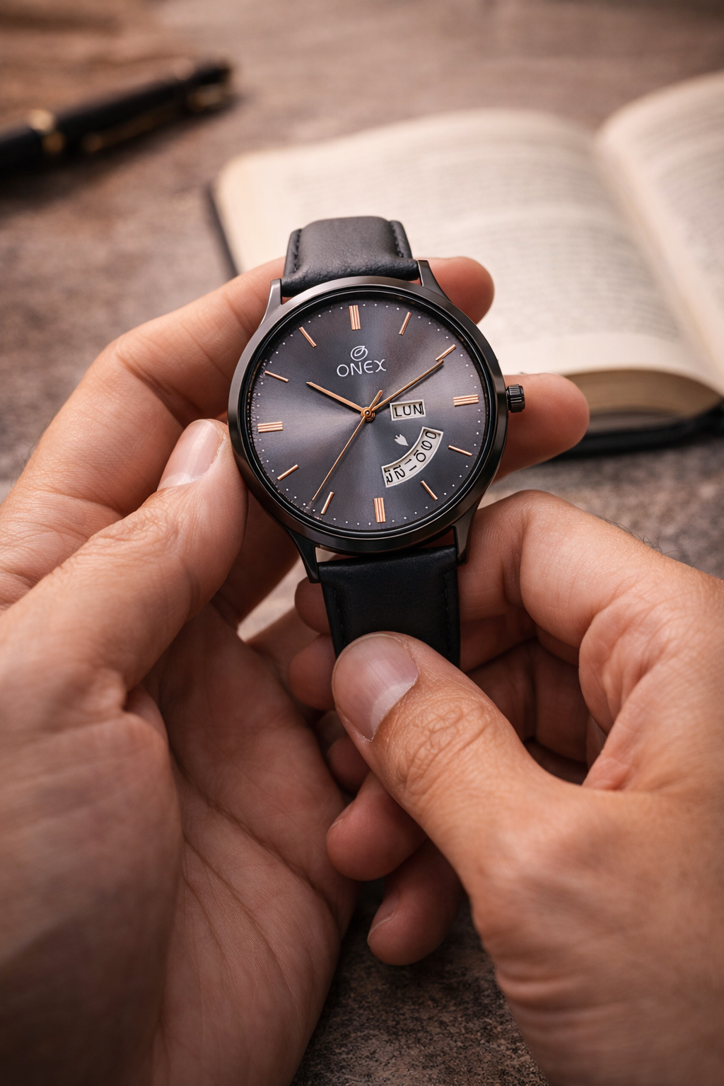 ONEX Men's Analog Watch with Day & Date Display | Grey Sunburst Dial | Black Leather Strap | Quartz Movement | Formal & Casual Wrist Watch for Men