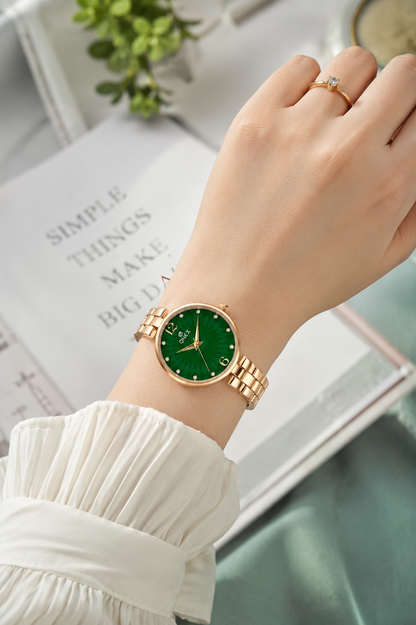 ONEX Women’s RoseGold-Tone Designer Bracelet Watch with Crystal Studded Dial Green