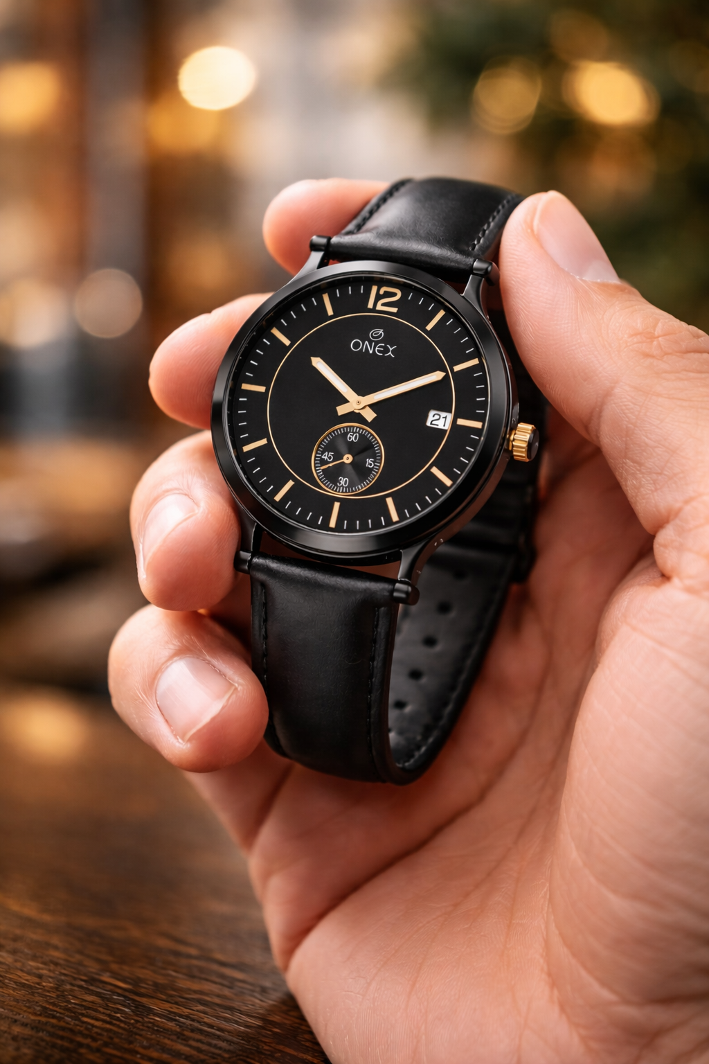 ONEX Men's Analog Watch | Black Dial with Rose Gold Case | Black Leather Strap | Date Display | Premium Quartz Watch for Men