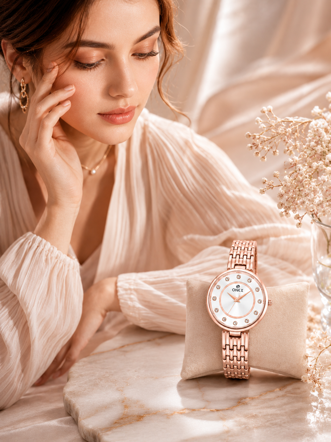 Onex Women’s Silver Analog Watch with Crystal Studded Dial & Stainless Steel Bracelet