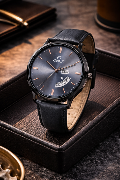 ONEX Men's Analog Watch with Day & Date Display | Grey Sunburst Dial | Black Leather Strap | Quartz Movement | Formal & Casual Wrist Watch for Men