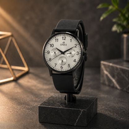 ONEX Men's Multifunction Analog Watch | Silver Dial with Day-Date Display | Black Silicone Strap | Stylish Casual & Formal Wrist Watch for Men