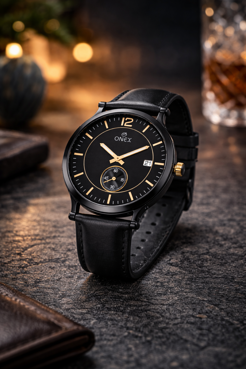 ONEX Men's Analog Watch | Black Dial with Rose Gold Case | Black Leather Strap | Date Display | Premium Quartz Watch for Men