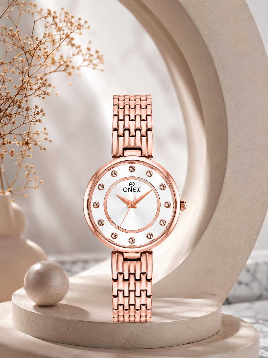 Onex Women’s Silver Analog Watch with Crystal Studded Dial & Stainless Steel Bracelet