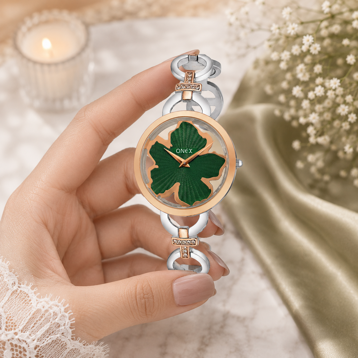 ONEX Silver - Rosegold Women’s Bracelet Watch with Green Textured Dial & Crystal Accents