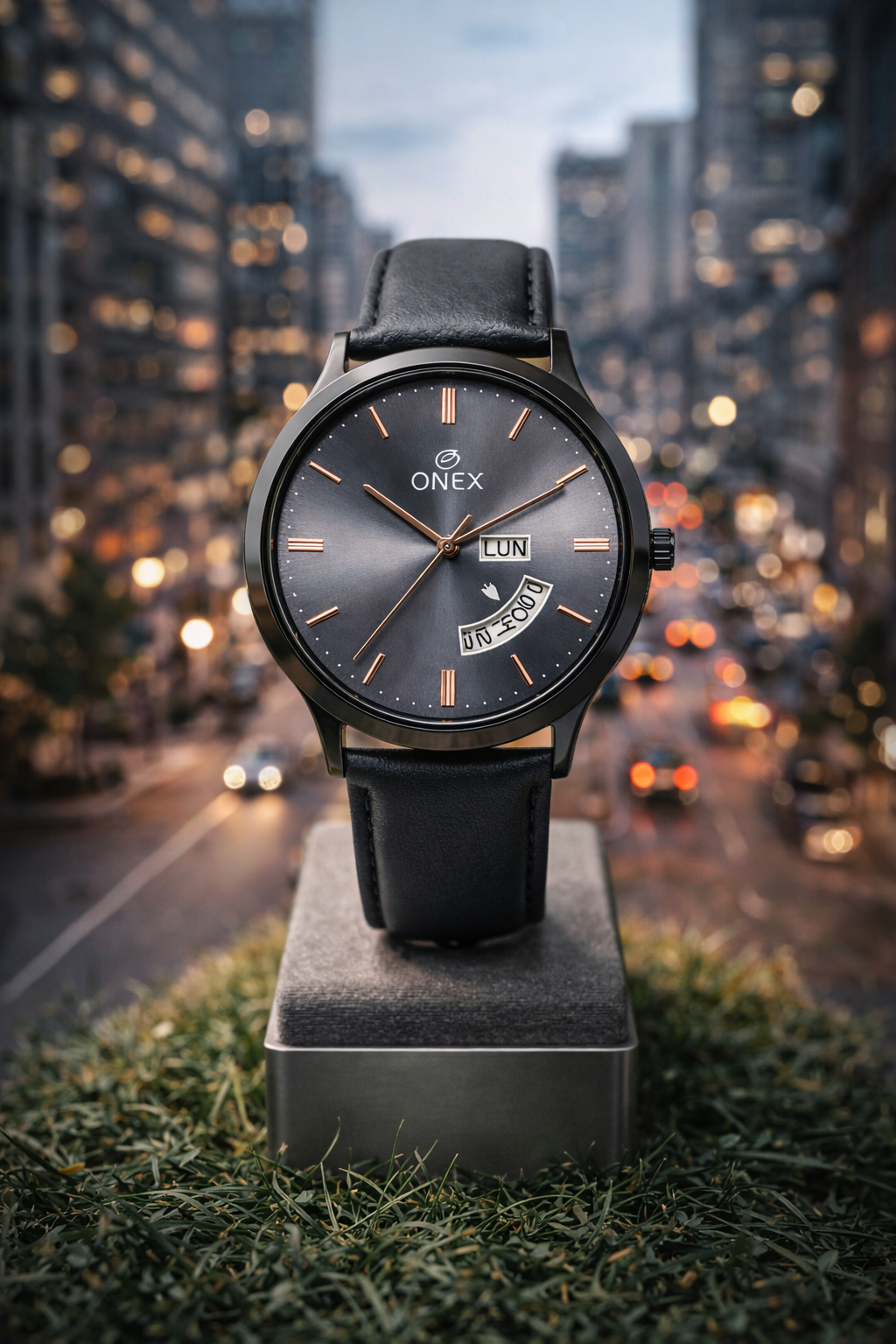 ONEX Men's Analog Watch with Day & Date Display | Grey Sunburst Dial | Black Leather Strap | Quartz Movement | Formal & Casual Wrist Watch for Men