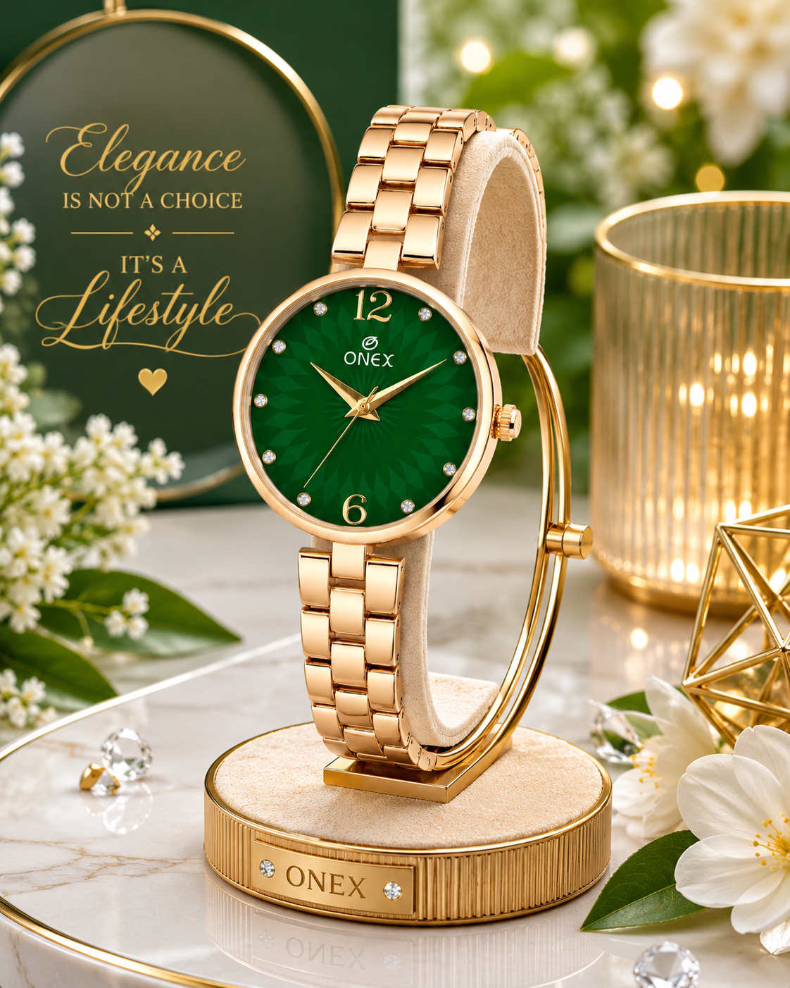 ONEX Women’s RoseGold-Tone Designer Bracelet Watch with Crystal Studded Dial Green