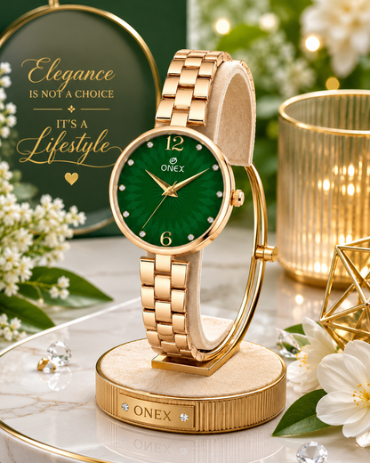 ONEX Women’s RoseGold-Tone Designer Bracelet Watch with Crystal Studded Dial Green