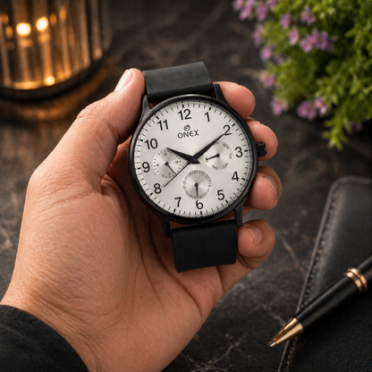 ONEX Men's Multifunction Analog Watch | Silver Dial with Day-Date Display | Black Silicone Strap | Stylish Casual & Formal Wrist Watch for Men