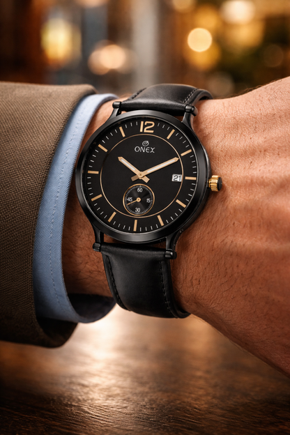 ONEX Men's Analog Watch | Black Dial with Rose Gold Case | Black Leather Strap | Date Display | Premium Quartz Watch for Men