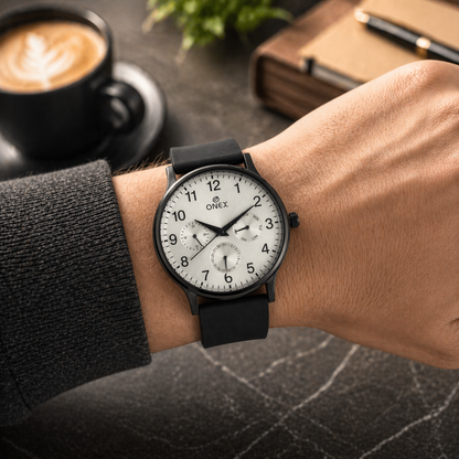 ONEX Men's Multifunction Analog Watch | Silver Dial with Day-Date Display | Black Silicone Strap | Stylish Casual & Formal Wrist Watch for Men