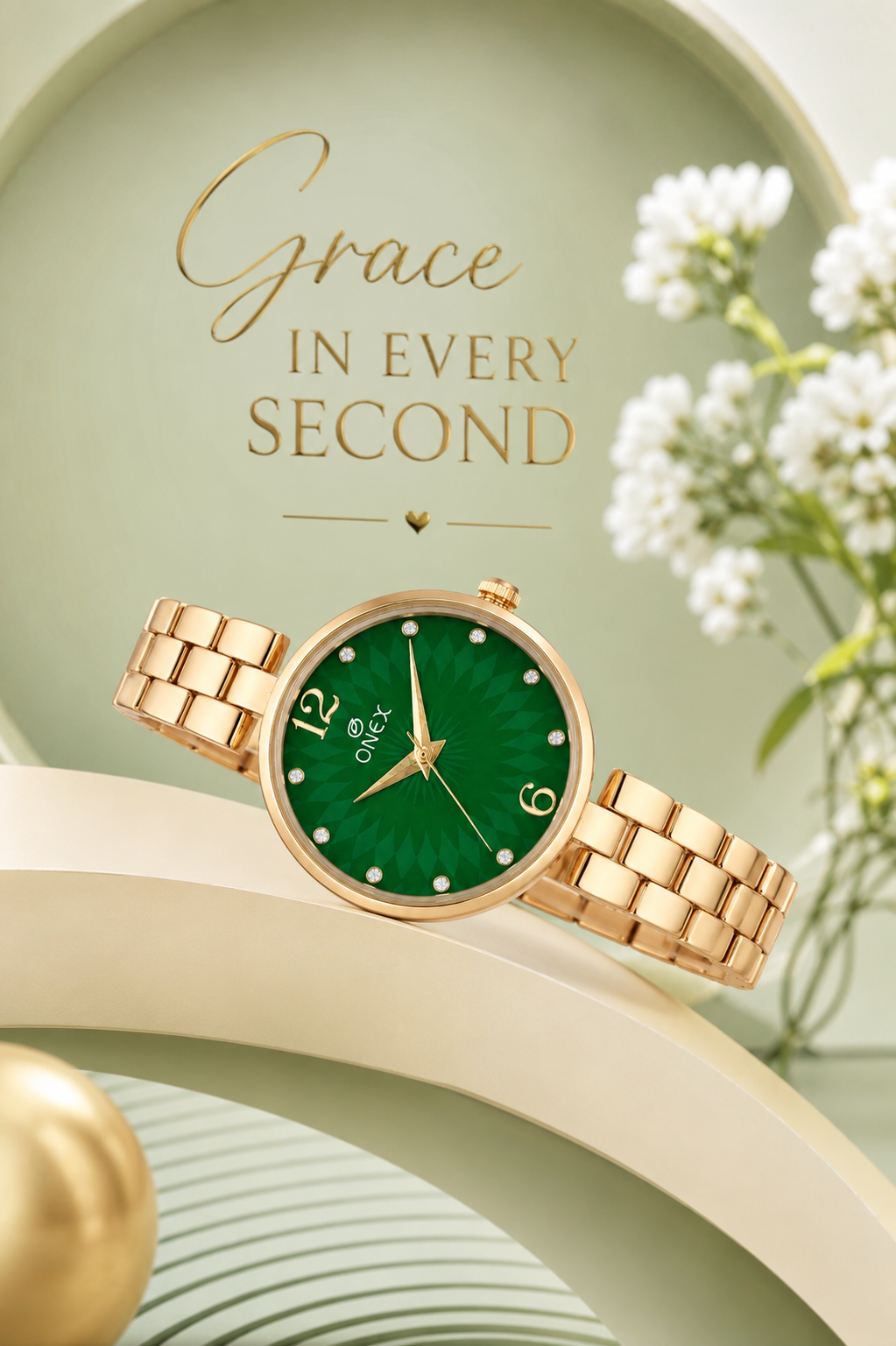 ONEX Women’s RoseGold-Tone Designer Bracelet Watch with Crystal Studded Dial Green