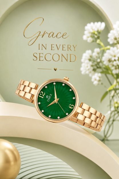 ONEX Women’s RoseGold-Tone Designer Bracelet Watch with Crystal Studded Dial Green
