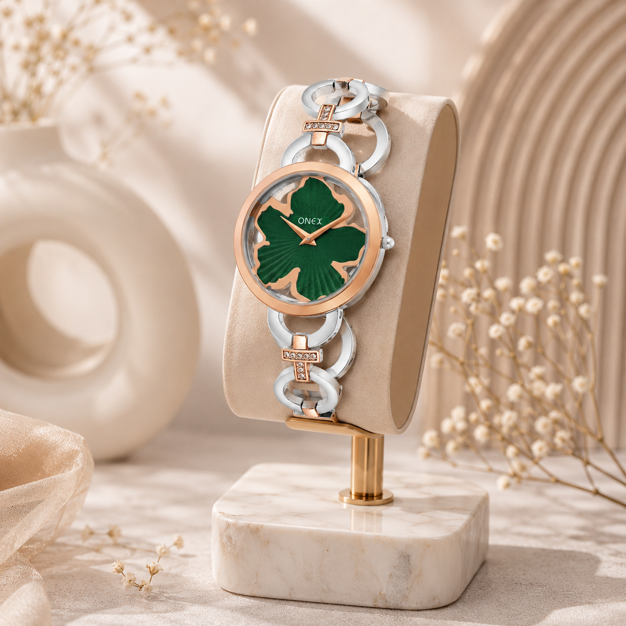 ONEX Silver - Rosegold Women’s Bracelet Watch with Green Textured Dial & Crystal Accents