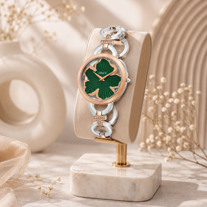 ONEX Silver - Rosegold Women’s Bracelet Watch with Green Textured Dial & Crystal Accents