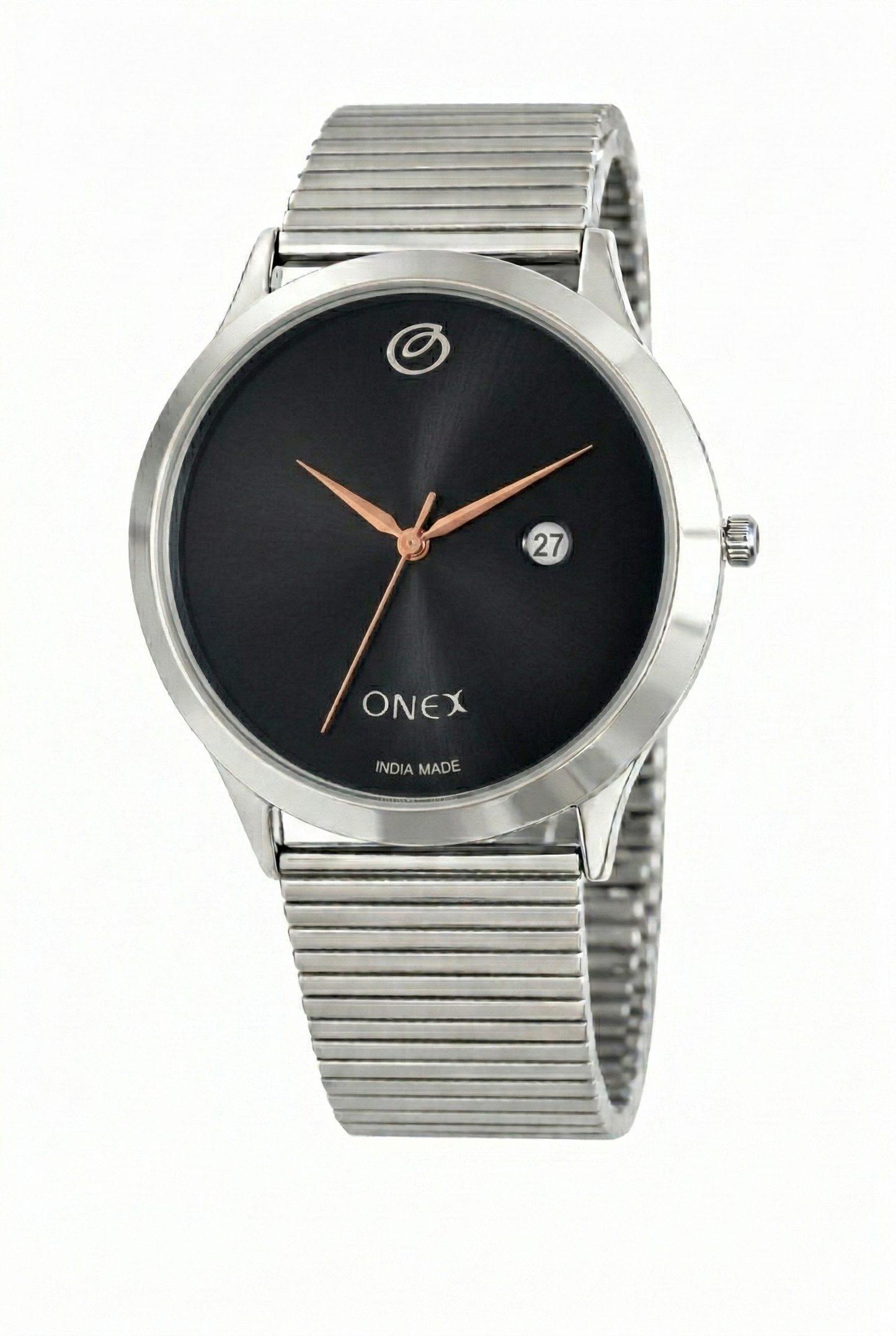 ONEX Men’s Analog Watch with Date Display | Black Sunray Dial | Stainless Steel Case & Expandable Metal Strap | Premium Casual & Formal Watch for Men
