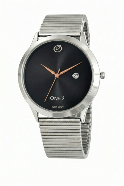 ONEX Men’s Analog Watch with Date Display | Black Sunray Dial | Stainless Steel Case & Expandable Metal Strap | Premium Casual & Formal Watch for Men