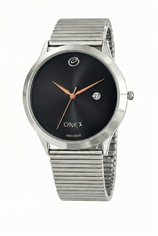 ONEX Men’s Analog Watch with Date Display | Black Sunray Dial | Stainless Steel Case & Expandable Metal Strap | Premium Casual & Formal Watch for Men