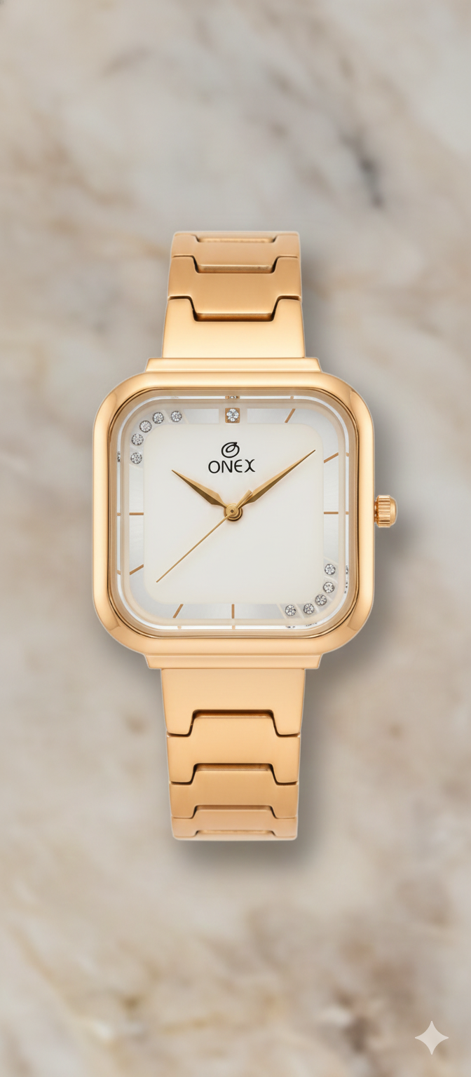 ONEX Rose Gold Square Dial Analog Watch for Women | Crystal Accent Dial | Metal Strap