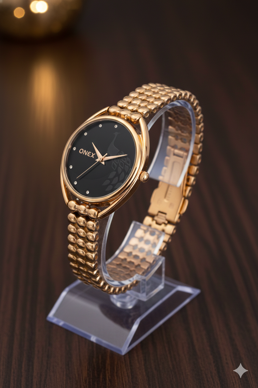 ONEX Elegant Rose Gold Bracelet Watch for Women | Stylish Black Dial Analog Watch | Party & Daily Wear