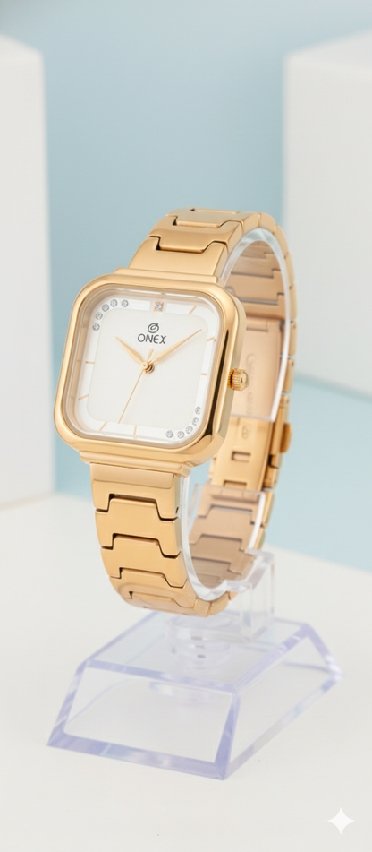 ONEX Rose Gold Square Dial Analog Watch for Women | Crystal Accent Dial | Metal Strap