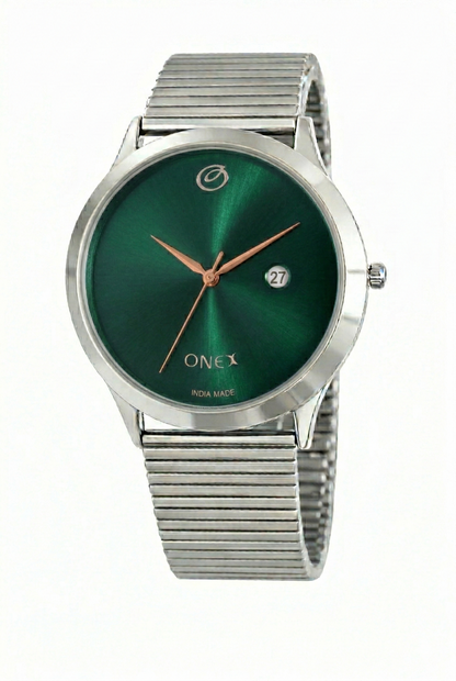 ONEX Men’s Analog Watch with Date Display | Green Sunray Dial | Stainless Steel Case & Expandable Metal Strap | Premium Casual & Formal Watch for Men
