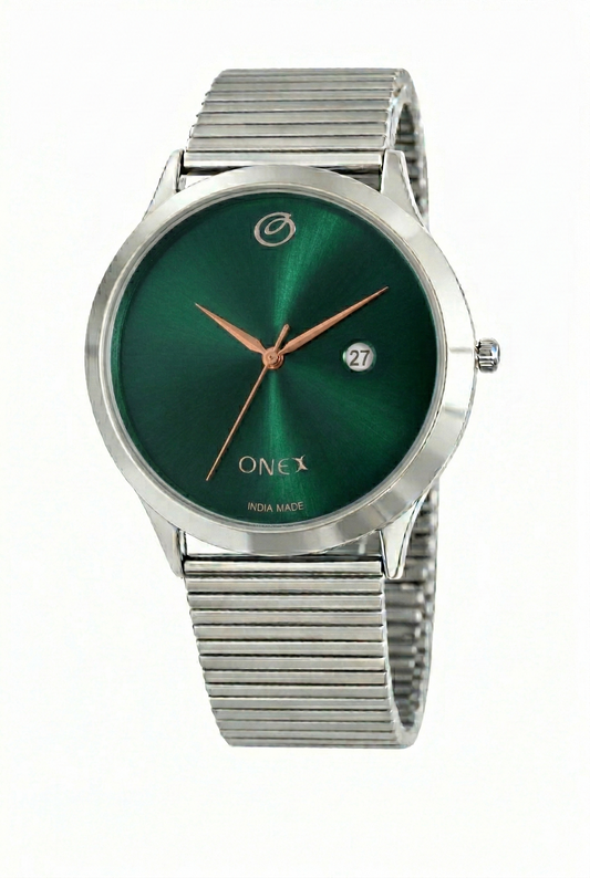 ONEX Men’s Analog Watch with Date Display | Green Sunray Dial | Stainless Steel Case & Expandable Metal Strap | Premium Casual & Formal Watch for Men