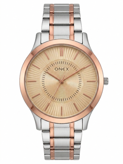 ONEX Men’s Analog Watch | Rose Gold Dial with Two-Tone Stainless Steel Strap | Premium Quartz Movement | Stylish Casual & Formal Wrist Watch for Men