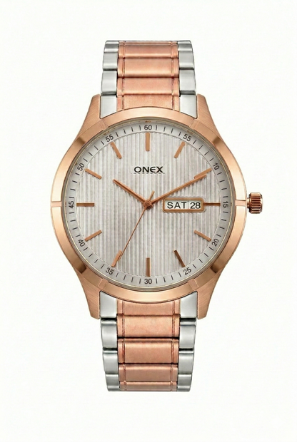 ONEX Men’s Analog Day & Date Watch – Rose Gold & Silver Stainless Steel Strap, Textured Dial, Premium Casual & Formal Wrist Watch for Men