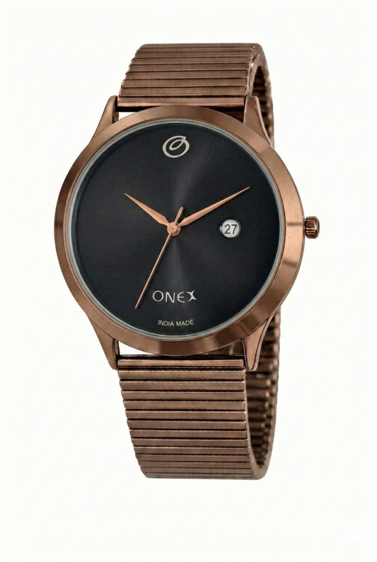 ONEX Men’s Analog Watch with Date Display | Black Sunray Dial | Rose Gold Case & Expandable Metal Strap | Stylish Casual & Formal Watch for Men