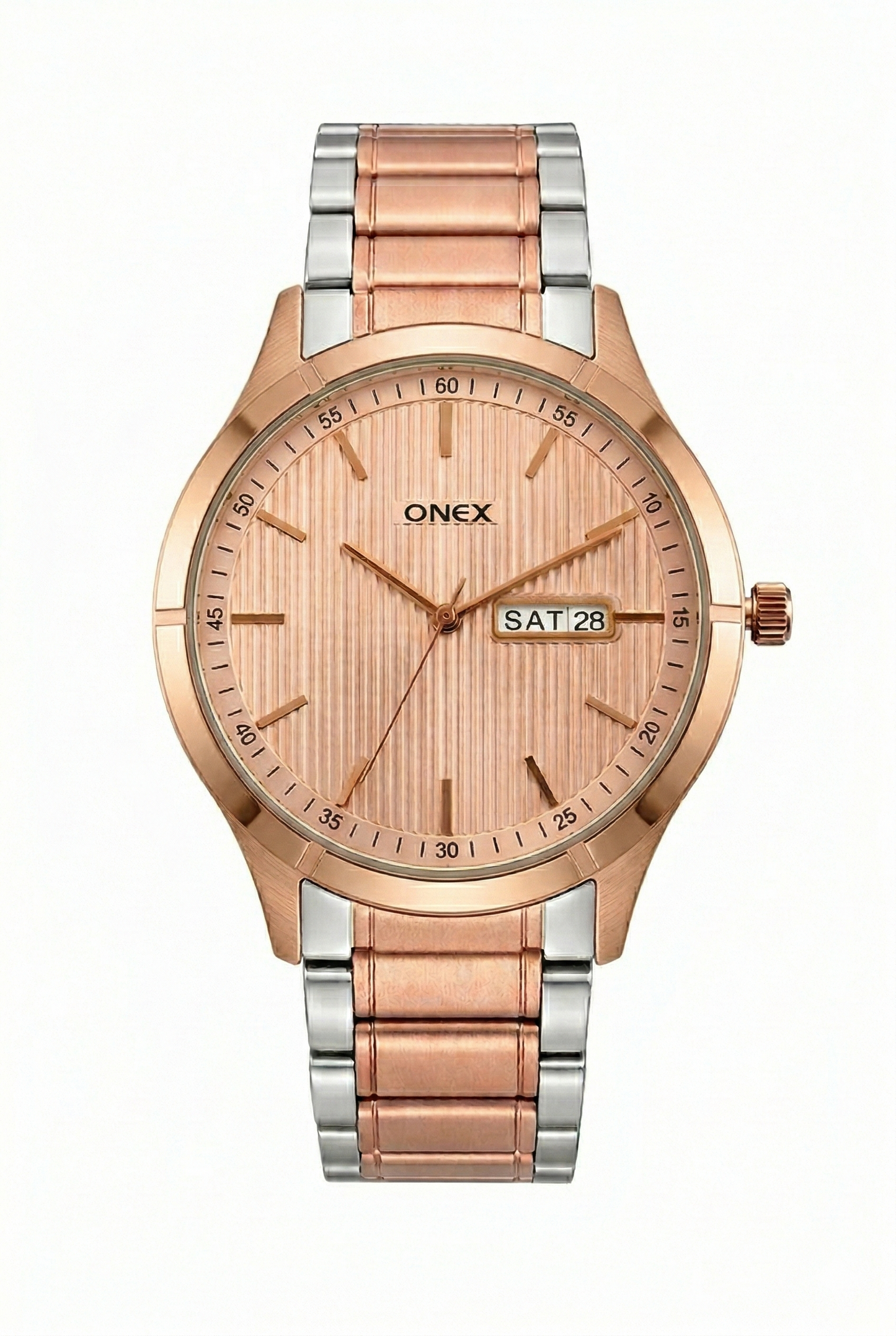 ONEX Men’s Analog Day & Date Watch – Rose Gold & Silver Stainless Steel Strap, Textured Dial, Premium Casual & Formal Wrist Watch for Men