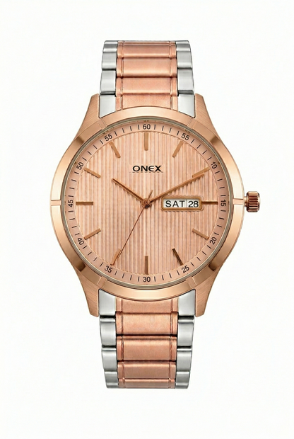 ONEX Men’s Analog Day & Date Watch – Rose Gold & Silver Stainless Steel Strap, Textured Dial, Premium Casual & Formal Wrist Watch for Men
