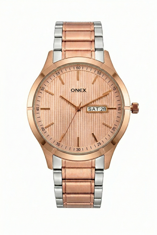 ONEX Men’s Analog Day & Date Watch – Rose Gold & Silver Stainless Steel Strap, Textured Dial, Premium Casual & Formal Wrist Watch for Men
