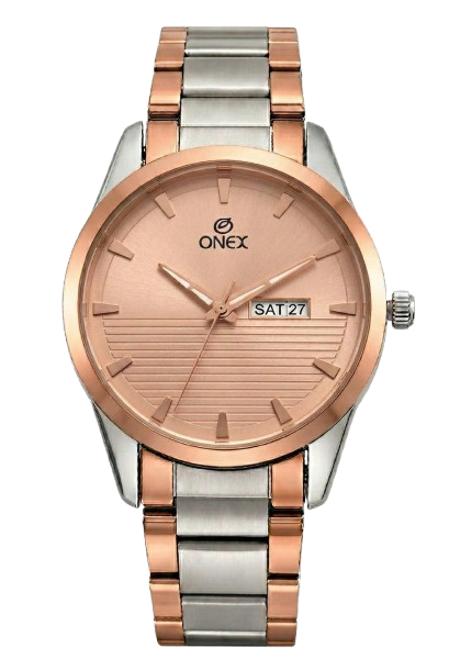 ONEX Men’s Analog Day & Date Watch – Rose Gold Dial with Two Tone Stainless Steel Strap | Premium Quartz Movement | Stylish Formal Watch for Men