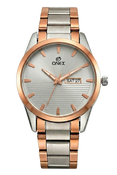 ONEX Men’s Analog Day & Date Watch – Silver Dial with Two Tone Stainless Steel Strap | Premium Quartz Movement | Stylish Formal Watch for Men