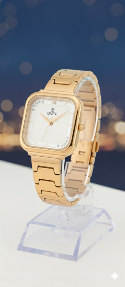 ONEX Rose Gold Square Dial Analog Watch for Women | Crystal Accent Dial | Metal Strap