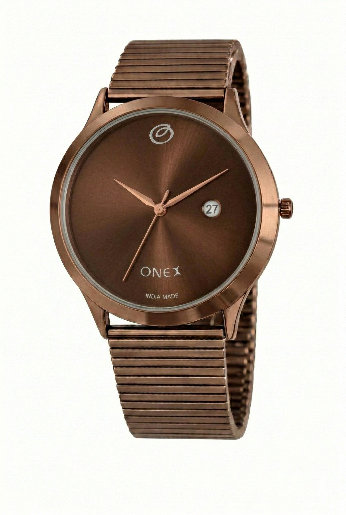 ONEX Men’s Analog Watch with Date Display | Brown Sunray Dial | Rose Gold Case & Expandable Metal Strap | Stylish Casual & Formal Watch for Men
